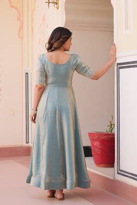 Girlie sky blue color fendy chiffon designer beads embroidery work partywear gown 3