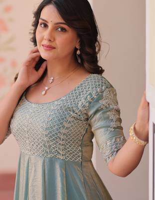 Girlie sky blue color fendy chiffon designer beads embroidery work partywear gown 4
