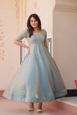 Girlie sky blue color fendy chiffon designer beads embroidery work partywear gown 5