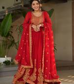 Red color faux georgette designer embroidered gown with dupatta for weddings