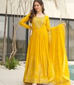 Yellow color faux georgette designer embroidered gown with dupatta for weddings