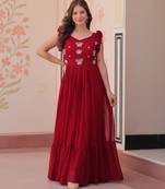 Beautiful and graceful smart partywear goergette maroon color gown for girlie looks