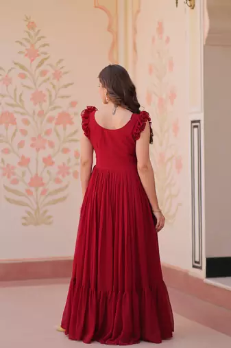 Beautiful and graceful smart partywear goergette maroon color gown for looks