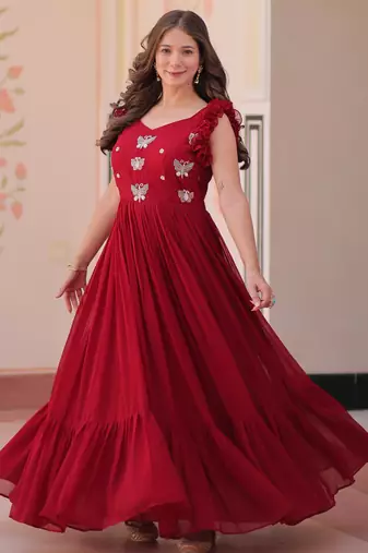 Beautiful and graceful smart partywear goergette maroon color gown for looks