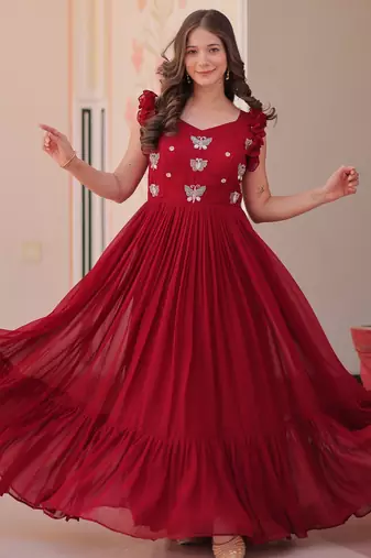 Beautiful and graceful smart partywear goergette maroon color gown for looks