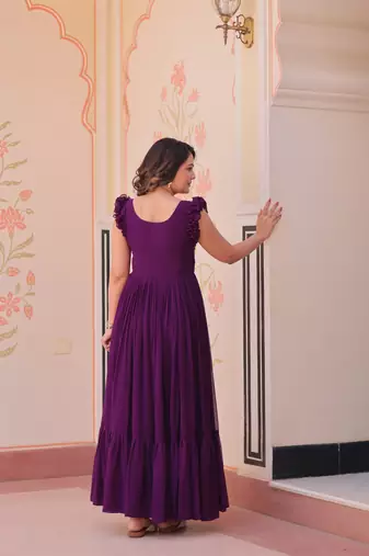Beautiful and graceful smart partywear goergette purple color gown for looks