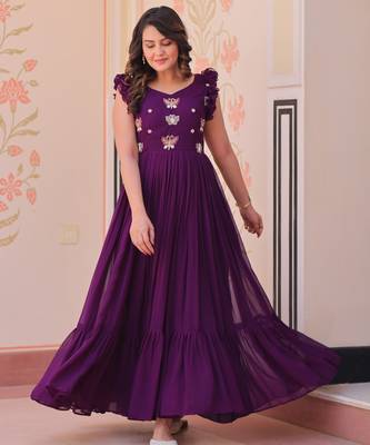 Beautiful and graceful smart partywear goergette purple color gown for looks 5