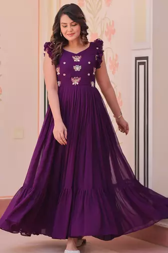 Beautiful and graceful smart partywear goergette purple color gown for looks