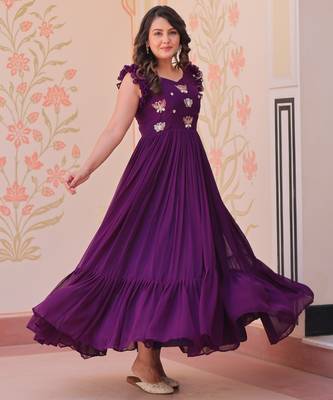 Beautiful and graceful smart partywear goergette purple color gown for looks 6