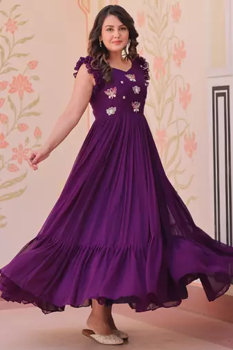 Beautiful and graceful smart partywear goergette purple color gown for looks
