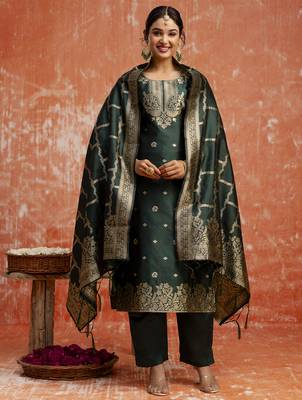 Green color cotton silk blend wevon jacquard jari partywear suit 1