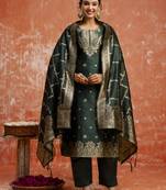 Green color cotton silk blend wevon jacquard jari designer ethnic partywear suit