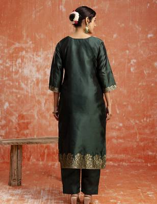 Green color cotton silk blend wevon jacquard jari partywear suit 2