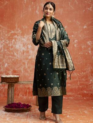 Green color cotton silk blend wevon jacquard jari partywear suit 4