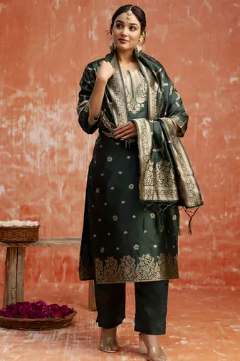Green color cotton silk blend wevon jacquard jari partywear suit