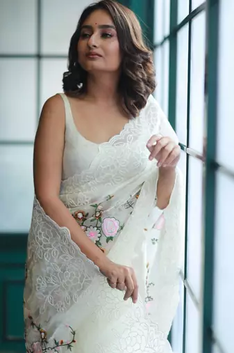 White Designer Embroidered Jimmy Choo Saree 