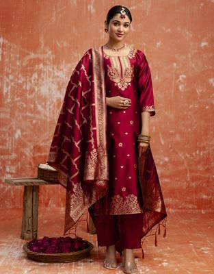 Maroon color cotton silk blend wevon jacquard jari partywear suit 1