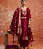 Maroon color cotton silk blend wevon jacquard jari designer ethnic partywear suit