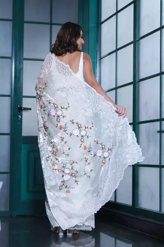 White Designer Embroidered Jimmy Choo Saree 