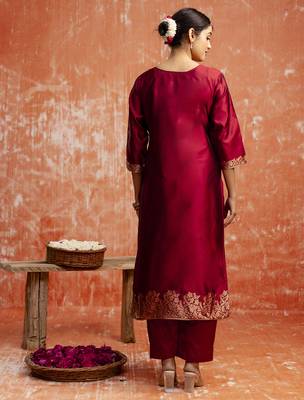 Maroon color cotton silk blend wevon jacquard jari partywear suit 2