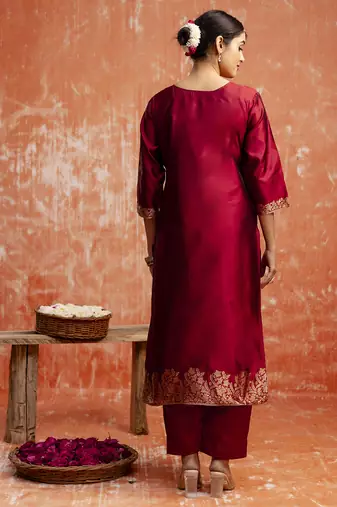 Maroon color cotton silk blend wevon jacquard jari partywear suit