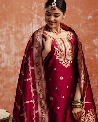 Maroon color cotton silk blend wevon jacquard jari partywear suit 3
