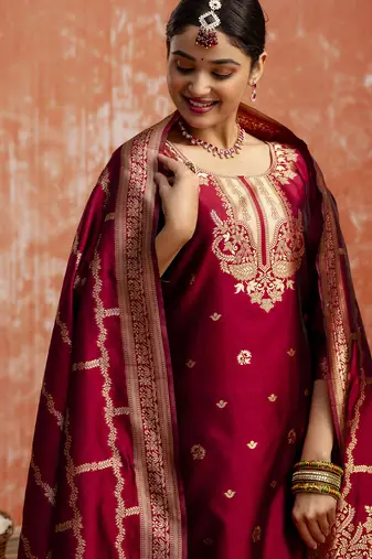 Maroon color cotton silk blend wevon jacquard jari partywear suit