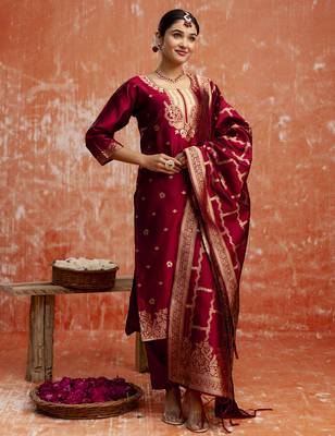 Maroon color cotton silk blend wevon jacquard jari partywear suit 4