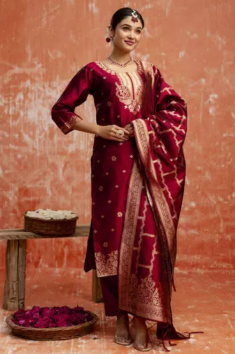 Maroon color cotton silk blend wevon jacquard jari partywear suit