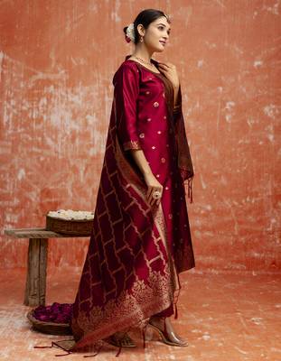 Maroon color cotton silk blend wevon jacquard jari partywear suit 5