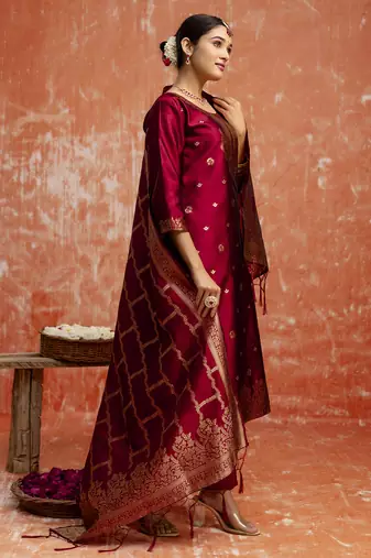 Maroon color cotton silk blend wevon jacquard jari partywear suit