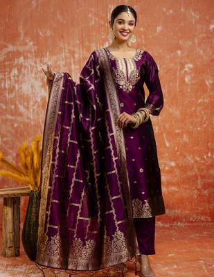 Purple color cotton silk blend wevon jacquard jari ethnic partywear suit 1