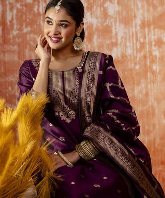 Purple color cotton silk blend wevon jacquard jari ethnic partywear suit 3