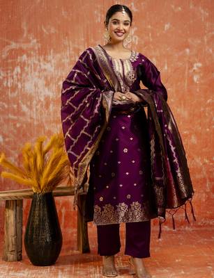 Purple color cotton silk blend wevon jacquard jari ethnic partywear suit 4