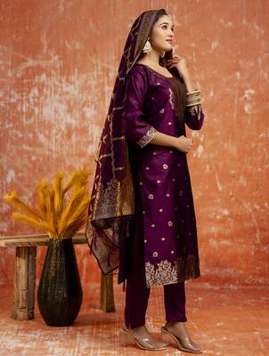 Purple color cotton silk blend wevon jacquard jari ethnic partywear suit 5