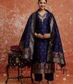 Blue color cotton silk blend wevon jacquard jari designer ethnic partywear suit
