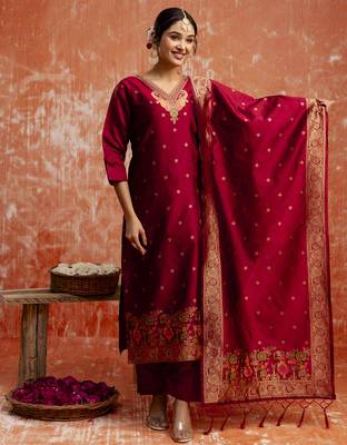 Maroon color cotton silk blend wevon jacquard jari designer ethnic partywear suit 1