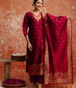 Maroon color cotton silk blend wevon jacquard jari designer ethnic partywear suit