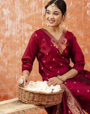 Maroon color cotton silk blend wevon jacquard jari designer ethnic partywear suit 3