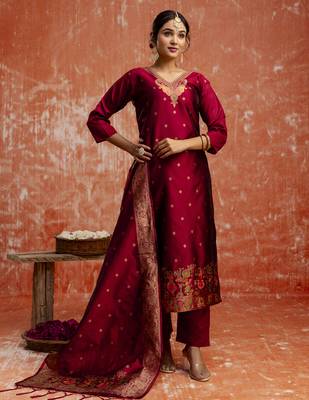 Maroon color cotton silk blend wevon jacquard jari designer ethnic partywear suit 4