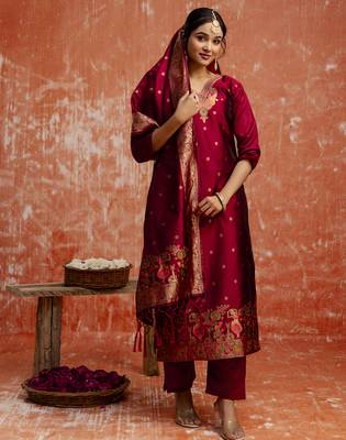 Maroon color cotton silk blend wevon jacquard jari designer ethnic partywear suit 5