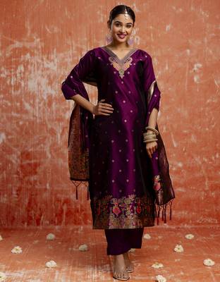 Purple color cotton silk blend wevon jacquard jari designer ethnic partywear suit 1