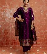 Purple color cotton silk blend wevon jacquard jari designer ethnic partywear suit