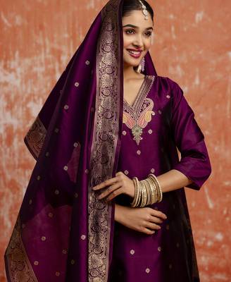 Purple color cotton silk blend wevon jacquard jari designer ethnic partywear suit 3