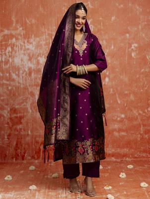 Purple color cotton silk blend wevon jacquard jari designer ethnic partywear suit 4