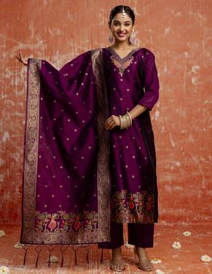 Purple color cotton silk blend wevon jacquard jari designer ethnic partywear suit 5