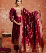 Maroon color cotton silk blend wevon jacquard jari designer ethnic partywear suit