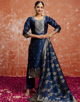 Teal color cotton silk blend wevon jacquard jari designer ethnic partywear suit 1