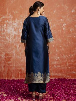 Teal color cotton silk blend wevon jacquard jari designer ethnic partywear suit 2