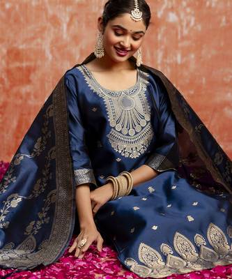 Teal color cotton silk blend wevon jacquard jari designer ethnic partywear suit 3